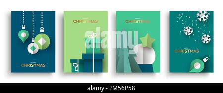 Allegro Natale 3D carta taglio biglietto di auguri set. Collezione di ornamenti decorativi invernali, scatola regalo, baubles appesi, fiocchi di neve in origami design ele Illustrazione Vettoriale