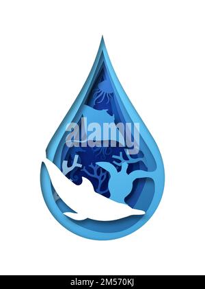 Blu animali subacquei all'interno stratificato papercut acqua goccia illustrazione. La conservazione della fauna selvatica o il concetto di protezione della barriera corallina include delfini e mare Illustrazione Vettoriale
