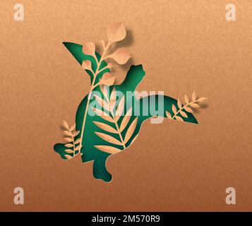 Tartaruga marina verde animale isolato silhouette in papercut con foglia di pianta tropicale all'interno. Ritaglio tartaruga di carta riciclata. Conservazione della fauna selvatica, c. Illustrazione Vettoriale