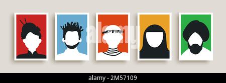 Set di illustrazioni per poster ritratti di persone diverse. Uomini e donne multirazziali volti in colorato banner di sfondo. Cultura asiatica, carattere musulmano, afro Illustrazione Vettoriale