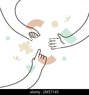 Le mani della gente che si raggiungono l'una per l'altra. Concetto di idea di lavoro di squadra aziendale o progettazione di aiuto sociale. Fumetto moderno a contorno piatto su isolato bianco ba Illustrazione Vettoriale
