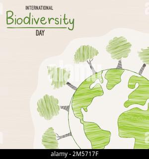 Giornata internazionale della biodiversità biglietto d'auguri illustrazione del pianeta verde terra con doodles albero disegnati a mano. Evento di sensibilizzazione sulla cura della natura il 22 maggio. Illustrazione Vettoriale