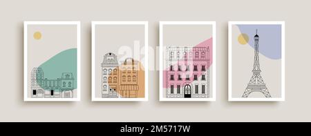 Graziose case francesi della città e la torre eiffel doodle illustrazione collezione. Edificio di architettura europea tradizionale con colorata forma astratta. Casa Illustrazione Vettoriale