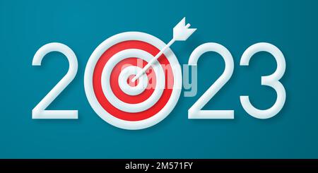 Anno 2023 obiettivo e obiettivo, il concetto di strategia e di successo. La freccia colpisce il bullseye Foto Stock