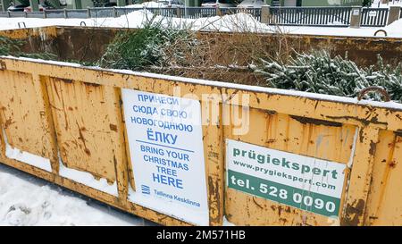 Tallinn, Estonia - 22 gennaio 2022: Grande contenitore per rifiuti su una strada cittadina per consentire alle persone di portare i loro vecchi alberi di Natale. Servizio municipale gratuito Foto Stock