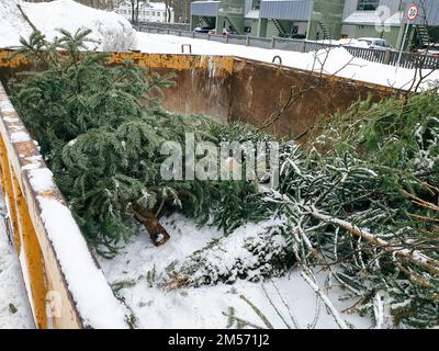 Tallinn, Estonia - 22 gennaio 2022: Grande contenitore per rifiuti su una strada cittadina per consentire alle persone di portare i loro vecchi alberi di Natale. Servizio municipale gratuito Foto Stock