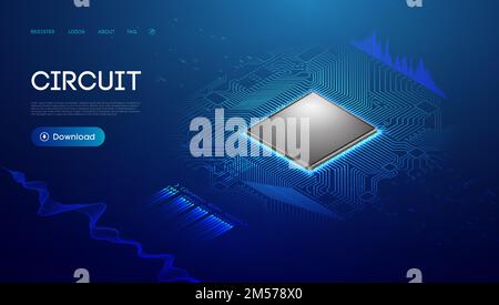 Intelligenza artificiale a microchip isometrica. Illustrazione della tecnologia dei semiconduttori per i big data. Rete Internet Illustrazione Vettoriale