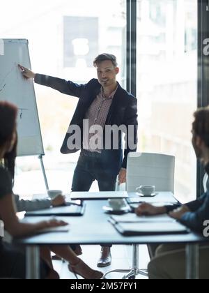Prevedo una crescita esponenziale in questo settore. un uomo d'affari ben vestito che dà una presentazione ai suoi colleghi nella sala del consiglio. Foto Stock