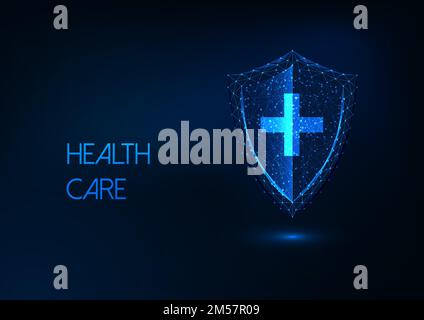 Assistenza sanitaria futuristica, protezione contro le malattie, concetto di immunità con schermo poligonale basso incandescente e croce medica su sfondo blu scuro. Cavo moderno Illustrazione Vettoriale