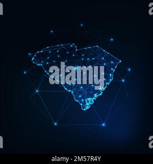 South Carolina USA mappa silhouette incandescente profilo fatto di stelle linee punti triangoli, forme poligonali basse. Comunicazione, tecnologie internet conce Illustrazione Vettoriale
