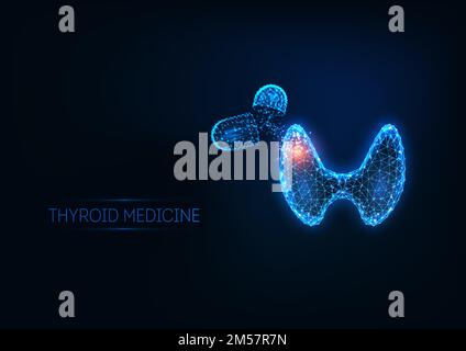 Concetto futuristico di trattamento della malattia tiroidea con la ghiandola tiroidea umana poligonale bassa incandescente e pillole mediche isolate su sfondo blu scuro. Moderno Illustrazione Vettoriale