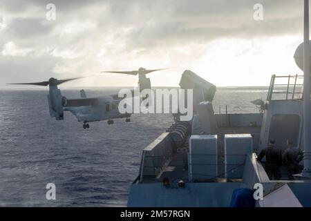 OCEANO PACIFICO (18 novembre 2022) — un Osprey MV-22 assegnato a Marine Medium Tiltrotor Squadron (VMM) 362 si avvicina al ponte di volo del molo di trasporto anfibio USS Anchorage (LPD 23), 18 novembre 2022. La capacità di operare in modo fluido e simultaneo sul mare, a riva e in aria rappresenta il valore unico della capacità anfibia fornita dal gruppo anfibio pronto e dal team Marine Exipitionary. La Makin Island ARG, composta da nave d'assalto anfibio USS Makin Island (LHD 8) e bacini di trasporto anfibi Anchorage e USS John P. Murtha (LPD 26), è in corso la conduzione di routine op Foto Stock