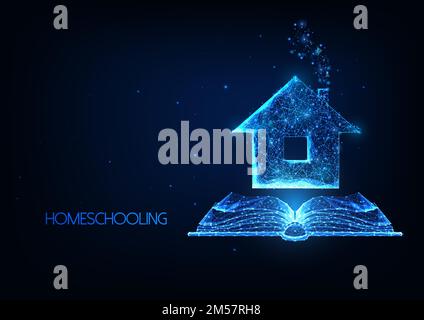 Futuristic Homeschooling, concetto in linea della lezione remotamente con la casa poligonale bassa luminosa ed il libro aperto su fondo blu scuro. Moderna struttura a reticolo Illustrazione Vettoriale