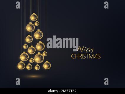 Allegro biglietto di auguri di Natale modello con appendere baubles decorativi dorati in una forma di albero di Natale e testo su sfondo nero. Moderno basso pol Illustrazione Vettoriale