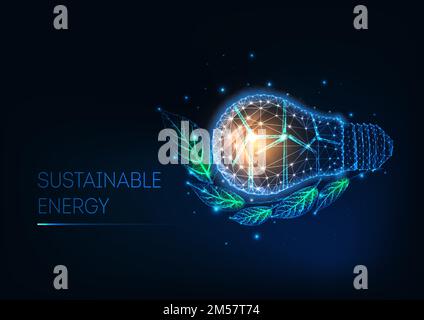 Concetto futuristico di energia sostenibile con bulbo luminoso poligonale basso, turbine eoliche e foglie verdi su sfondo blu scuro. Ecologicamente f Illustrazione Vettoriale