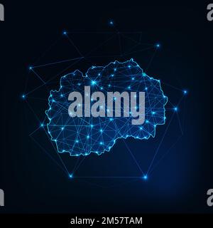 Mappa nord Macedonia silhouette incandescente contorno fatto di stelle linee punti triangoli, forme poligonali basse. Comunicazione, concetto di tecnologie Internet. Illustrazione Vettoriale
