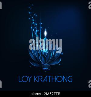 Loy Krathong tai festival modello con galleggiante incandescente basso poligonale loto acqua giglio fiore, candela e bastone aroma e su sfondo blu scuro Illustrazione Vettoriale