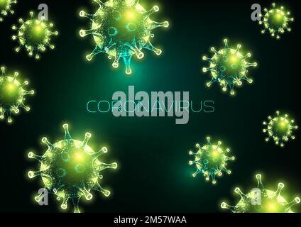 Coronavirus futuristico focolaio sfondo astratto con cellule virali a bassa poligonale e testo su sfondo verde scuro. Immunologia, virologia, ep Illustrazione Vettoriale