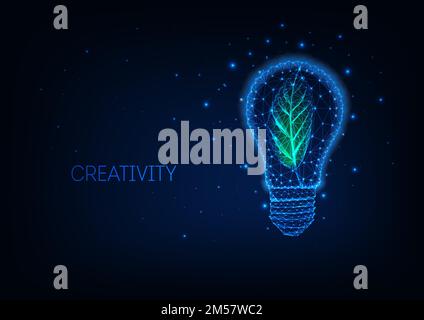 Concetto futuristico di energia sostenibile con foglia verde poligonale bassa incandescente all'interno della lampadina elettrica isolata su sfondo blu scuro. Moderno con Illustrazione Vettoriale