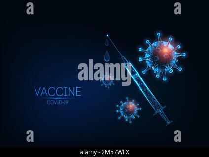 Concetto futuristico di vaccino contro il coronavirus Covid-19 con siringa poligonale a bassa luminosità e cellule virali su sfondo blu scuro. Struttura in filo moderno a rete des Illustrazione Vettoriale