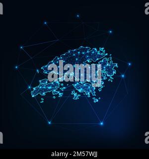 Mappa di Hong Kong silhouette scintillante profilo fatto di stelle linee punti triangoli, forme poligonali basse. Comunicazione, concetto di tecnologie Internet. Rif Illustrazione Vettoriale