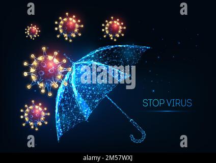 Concetto futuristico di protezione contro la malattia del coronavirus covid-19 con cellule virali a bassa poligonale e ombrello luminosi su sfondo blu scuro. Sistema immunitario Illustrazione Vettoriale