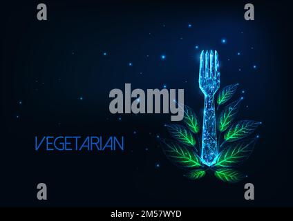 Il futuristico menu' vegetariano del ristorante con una forchetta poligonale bassa e foglie verdi su sfondo blu scuro. Moderno design a rete con telaio in filo metallico Illustrazione Vettoriale