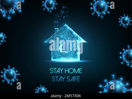 Lavorando da casa, auto quarantena a causa del concetto di pandemia di coronavirus con cellule di virus a bassa poligonale incandescente e casa residenziale. Rimani a casa, rimani a casa Illustrazione Vettoriale