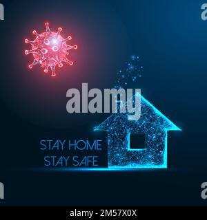 Lavorando da casa, auto quarantena a causa del concetto di pandemia di coronavirus con cellule di virus a bassa poligonale incandescente e casa residenziale. Rimani a casa, rimani a casa Illustrazione Vettoriale