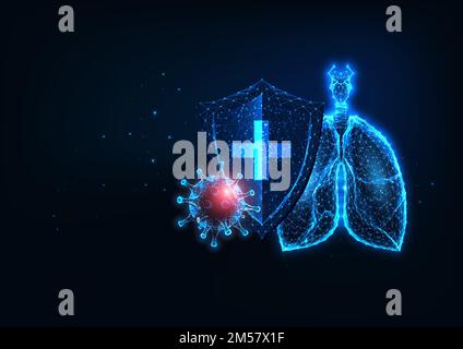Protezione futuristica dei polmoni dal virus del coronavirus covid-19 banner web con bassi polmoni umani poligonali luminosi e virus su sfondo blu scuro. Mod Illustrazione Vettoriale