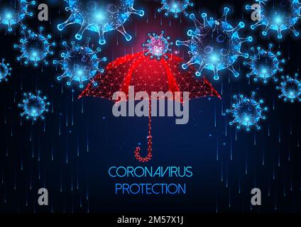 Concetto futuristico di protezione contro la malattia del coronavirus covid-19 con cellule virali a bassa poligonale e ombrello luminosi su sfondo blu scuro. Sistema immunitario Illustrazione Vettoriale