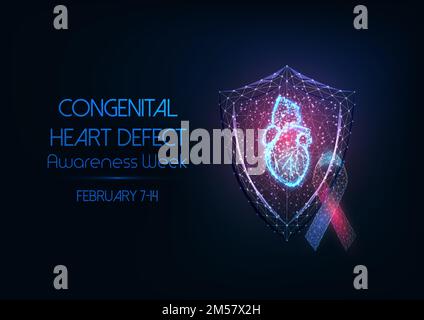 Concetto futuristico settimana di consapevolezza dei difetti cardiaci congeniti con ologramma poligonale basso luminoso del cuore anatomico umano, scudo protettivo e nastro Illustrazione Vettoriale