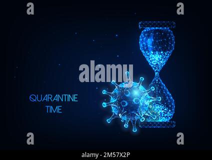 Tempo di quarantena futuristico durante il concetto di pandemia di coronavirus con clessidra poligonale bassa e molecola di virus su sfondo blu scuro. Moderno Illustrazione Vettoriale
