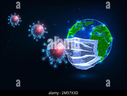 Futuristico cocid-19 coronavirus Pandemic concetto globale con incandescente poligonale maschera medica protegge il pianeta da virus su sfondo blu scuro. Illustrazione Vettoriale