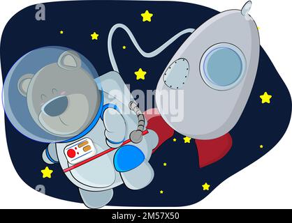 Un carino cucciolo di orso vola nello spazio esterno e c'è una navicella spaziale nella parte posteriore Illustrazione Vettoriale