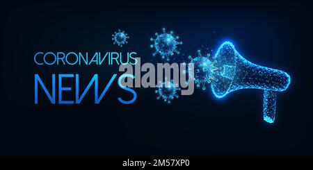 Concetto futuristico di notizie di coronavirus con megafone poligonale basso luminoso e virus su sfondo blu scuro. Struttura a rete a filo moderno vettore ill Illustrazione Vettoriale