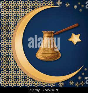 Cezve di rame tradizionale turco decorato con decorazione orientale, luna e stella su sfondo blu scuro. Modello di biglietto d'auguri Travel Turkey. Auto Illustrazione Vettoriale