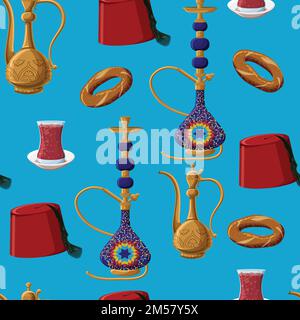 Cultura turca patrimonio fez, caraffa, hookah, bicchiere di tè e simit senza cuciture modello su sfondo blu. Illustrazione vettoriale stile cartone animato. Illustrazione Vettoriale