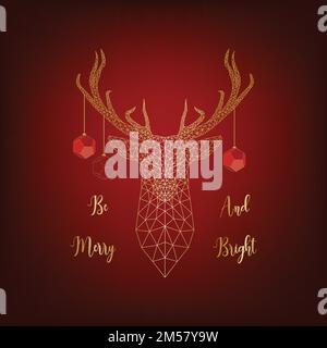 Biglietto d'auguri natalizio modello con testa bassa dorata in polietilene cervi con formiche decorate da palle e testo essere allegro e luminoso su sfondo rosso. Moderno Illustrazione Vettoriale