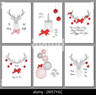 Set di biglietti d'auguri natalizi con decorazioni poligonali basse in nero e rosso, testa di cervo, palle, arco a nastro, candela e testo isolato su sfondo bianco Illustrazione Vettoriale