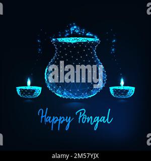 Felice modello di biglietto di auguri Pongal con basso poly pot incandescente con tradizionale pasto di riso, diya con luce bruciante e testo su sfondo blu scuro. Fu Illustrazione Vettoriale