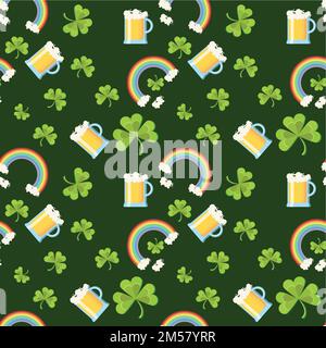 St Modello senza cuciture Patricks Day con foglie di trifoglio, bicchieri da birra e arcobaleno su sfondo verde scuro. Illustrazione vettoriale del cartone animato in stile piatto. Illustrazione Vettoriale