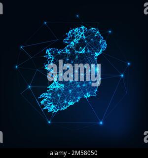 Irlanda mappa silhouette incandescente contorno fatto di stelle linee punti triangoli, forme poligonali basse. Comunicazione, concetto di tecnologie Internet. Wirefra Illustrazione Vettoriale