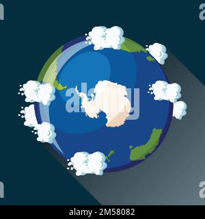 Mappa Antartide sul pianeta Terra, vista dallo spazio. Icona del globo dell'Antartide. Mappa del pianeta Terra con oceano blu, continenti e nuvole intorno. Cartone animato Illustrazione Vettoriale