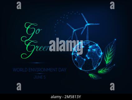 Poster della Giornata Mondiale dell'ambiente con pianeta terra, turbine eoliche, foglie verdi e testo diventano verdi su sfondo blu scuro. Futuristico vettore poly basso illu Illustrazione Vettoriale