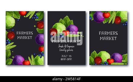 Set di modelli di poster per il mercato agricolo con verdure fresche e cavolo di frutta, piselli, pomodoro, mela, mirtillo e testo su sfondo nero. Colore nero Illustrazione Vettoriale