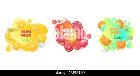 Banner web estivo con agrumi, limone, arancia, pompelmo, brillanti forme astratte liquide e testo isolato su sfondo bianco. Moderno Illustrazione Vettoriale