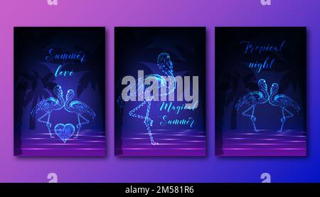 Poster futuristici con coppia di fenicotteri danzanti, cuore, palme e onde marine. Matrimonio tropicale, concetto di festa da ballo. Basso disegno poligonale Illustrazione Vettoriale