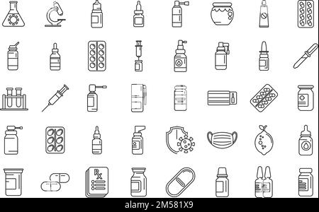 Le icone dei farmaci antivirali definiscono il vettore. Siringa Covid. Corona droga Illustrazione Vettoriale