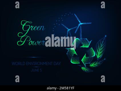 World Environment Day banner web con cartello di riciclo, foglie verdi, turbine eoliche e testo Green Power su sfondo blu scuro. Concetto di ecologia. Futuris Illustrazione Vettoriale